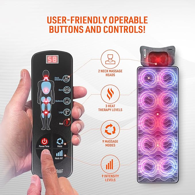 Powermat by Powerfit – Full Body Massage Mat with Detachable Massage Pillow 9 Intensity Levels 9 Massage Modes &amp 3 Heat Therapy Settings | Alleviates Muscle Pain Improves Circulation Stress Re