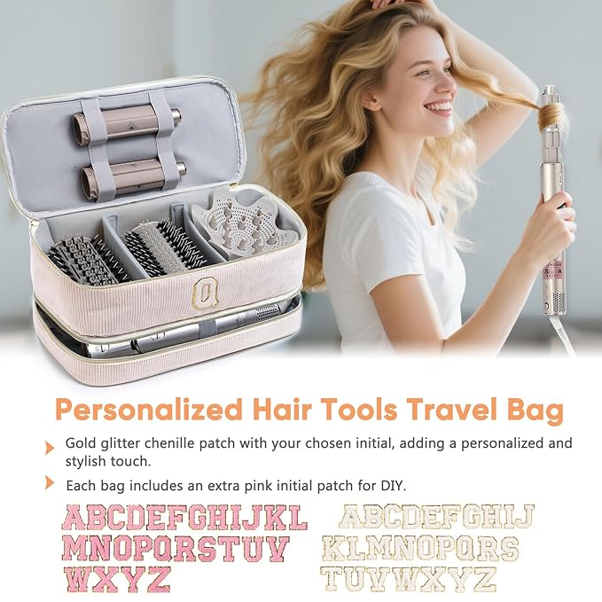 Initial Personalized Hair Tools Travel Bag Double-Layer Hair Dryer Case Compatible with Shark FlexStyle/SmoothStyle Dysson Airwrap &amp Supersonic – Hair Tool Organizer for Travel &amp Home