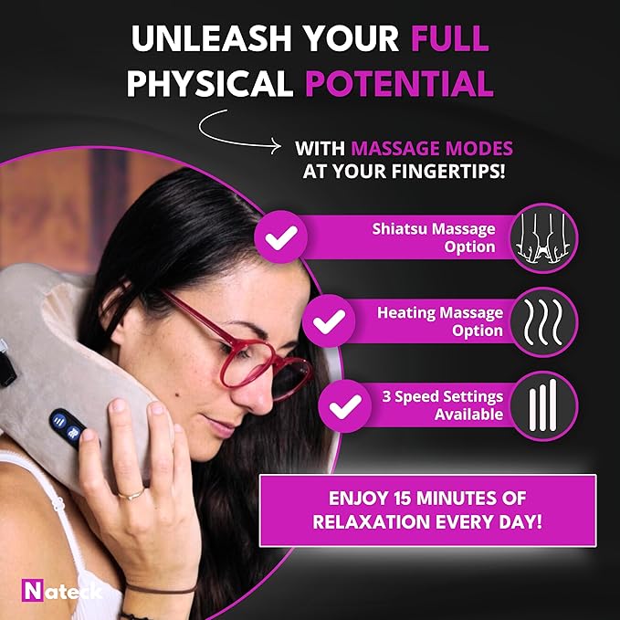 Nateck Cervical and Neck Massager | Pillow Portable Heated Massage Ideal for Travel Relaxation and Office | Kneading Intelligent | Original Gift Women &amp Men | Heat Rolling Modes