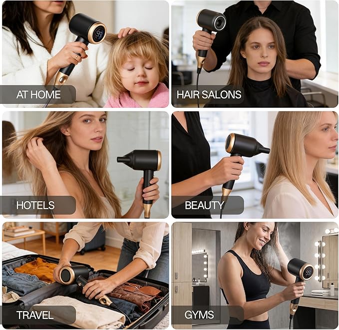 VAGARY Hair DryerHigh-Speed Blow Dryer with 500 Million Negative Ions110000 RPMLow NoiseHD Display 5 Temps &amp 2 SpeedsNo Heat Damage Lightweight with Magnetic Concentrator(Gold)
