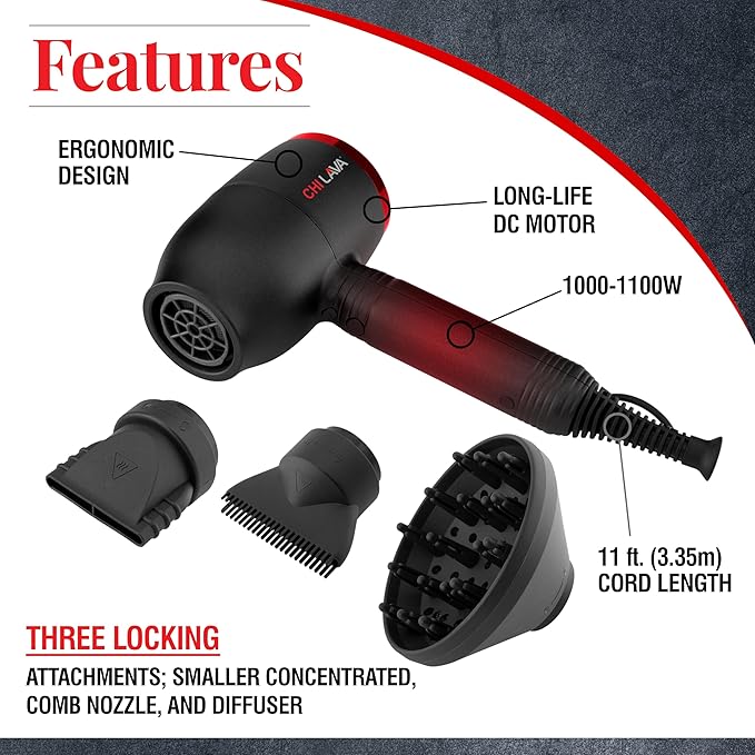 CHI Lava Hair Dryer Blow Dryer for Smooth Shiny Results Lower-Temperature Styling for Less Damage Reduces Frizz