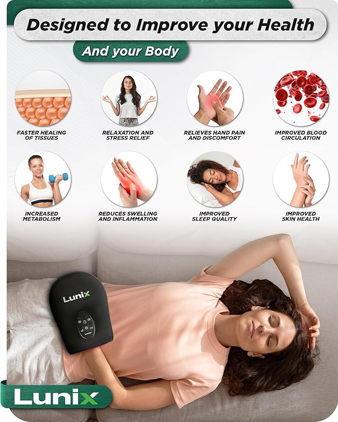 Lunix LX23 Red Light Therapy for Hand 50 Triple Chips LED 850 and 660nm Infrared Therapy for Circulation &amp Joint Support with Vibration Portable Rechargeable Adjustable Intensity