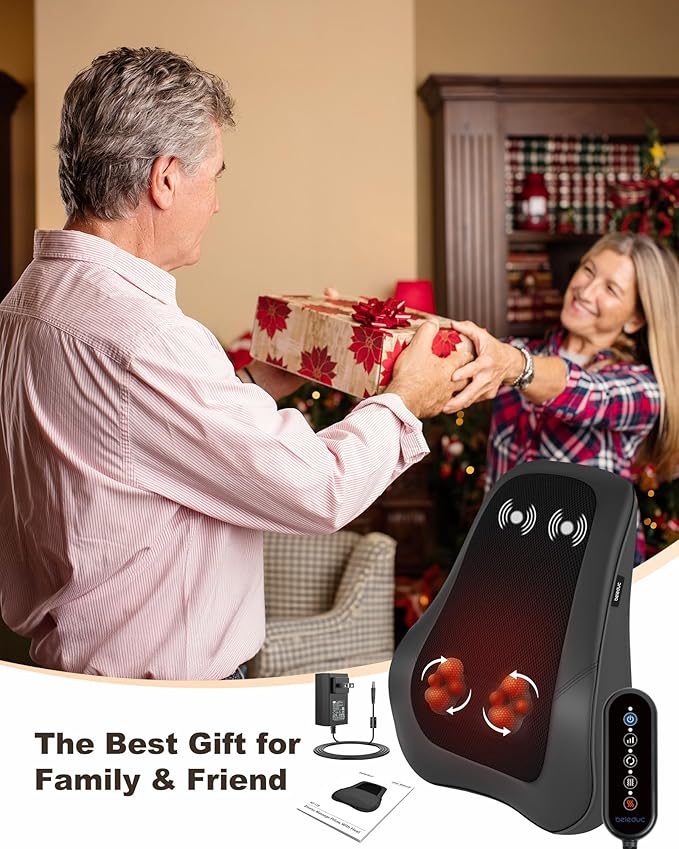 Beleduc Shiatsu Back Massager with Heat Back Massager for Back Pain Deep Tissue Vibration Massage Deep Kneading Massager Pillow for Neck Shoulder Black