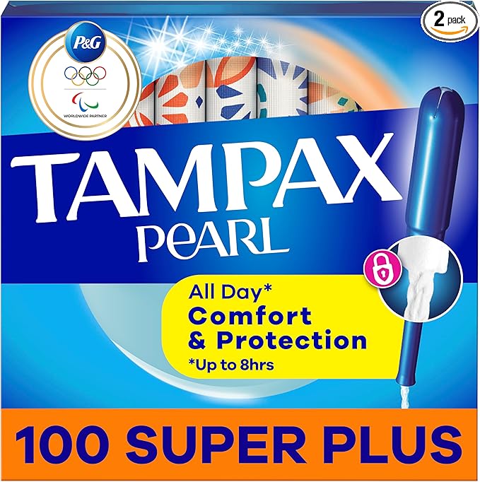 Tampax Pearl Tampons for Women with LeakGuard Braid Super Plus Absorbency Unscented 100 Count (2 Packs of 50)