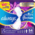 Always Radiant Feminine Pads for Women Flexfoam Pads with Wings Size 5 Extra Heavy Overnight Absorbency Lightly Scented 54 Count (3 Packs of 18)