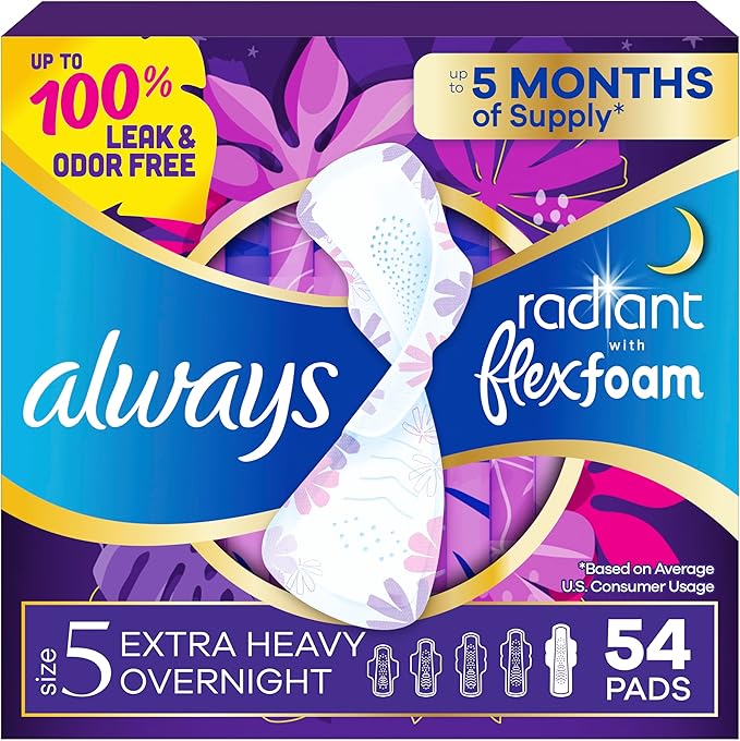 Always Radiant Feminine Pads for Women Flexfoam Pads with Wings Size 5 Extra Heavy Overnight Absorbency Lightly Scented 54 Count (3 Packs of 18)