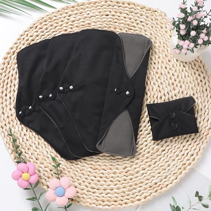 10 pcs Black Color with Black Snaps Reusable Sanitary Pads - Cloth Sanitary Pads | Light Incontinence Pads | Reusable Menstrual Pads (10pcs-M-Black)
