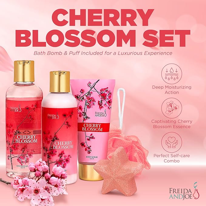 Bath and Body Gift Basket For Women Cherry Blossom Bath &amp Body Collection Includes Shower Gel Body Lotion Body Scrub Bath Bomb &amp Sponge – Mother's Day Gift for Mom