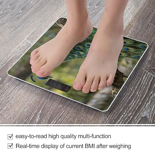 Colorful Peacock on A Tree Branch Weight ScaleClear LED Display Bathroom Digital Weighing ScaleTempered Glass Digital Bathroom Scale for Body Weight Capacity Up to 400 Lbs