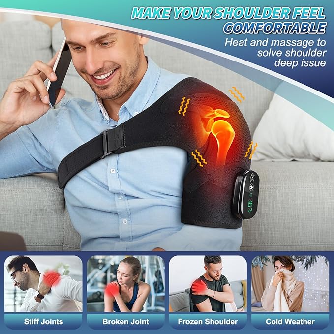 Cordless Heated Shoulder Brace with Vibration 3 Heat &amp Massage Settings Shoulder Heating Pad for Pain Relief Adjustable Shoulder Warmer for Men and Women(Black)