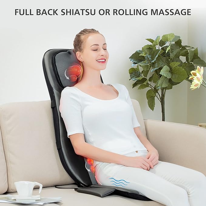 Snailax shiatsu Neck &amp Back Massager with Heat Full Back Kneading Shiatsu or Rolling Massage Massage Chair pad with Height Adjustment Back Massager for Neck and Shoulder