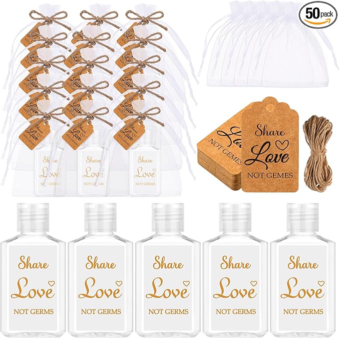 50 Sets Mini Hand Sanitizer Bottles Bulk 2oz Empty Christmas Hand Sanitizer Travel Size Wedding Favors for Guests with Organza Bags Thank You Tags for Woman Employees(LoveGold)