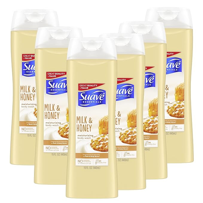 Suave Essentials Body Wash Creamy Milk and Honey Splash 15 Fl Oz (Pack of 6)