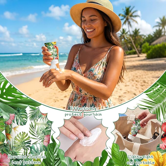 Loopeer 30 Pcs Mini Sunscreen Bulk Travel Size 1 oz Spf 30 Water Resistant Mini Sunscreen Lotion Hawaiian Tropical Leaves Summer Beach Party Favors Gifts for Summer Hawaiian Party Adult(Fresh)