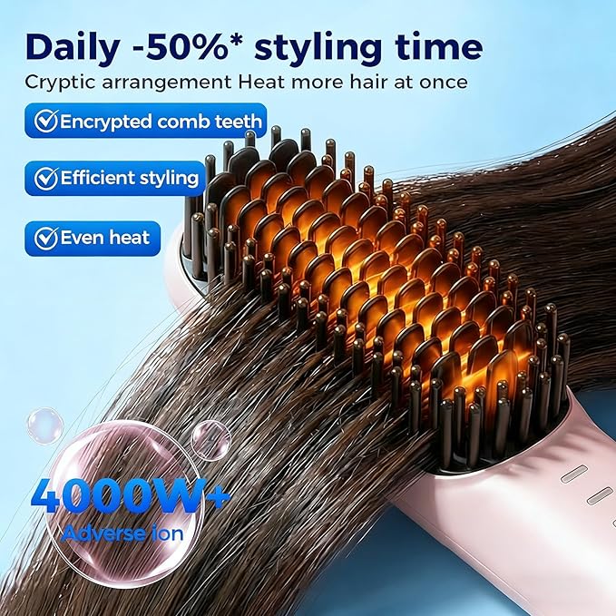 Cordless Hair Straightener Brush - Ionic Portable Straightening Comb with 3 Temp Settings 30s Fast Heating &amp Ceramic Care USB-C Rechargeable Mini Heated Brush for Short Hair &amp Travel (Pink)