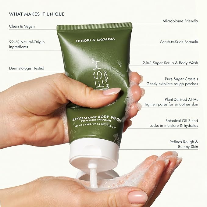 VOESH Sugar Scrub &amp Exfoliating Body Wash with Plant-Derived AHAs &amp Vegan Probiotics K-Beauty Korean Skincare - Hinoki &amp Lavanda