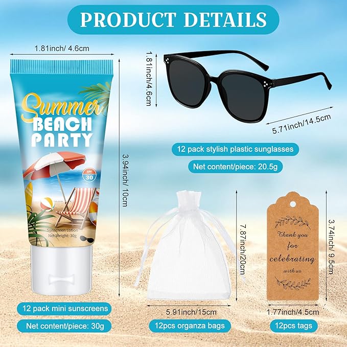 12 Sets Mini Sunscreen and Sunglasses Bulk for Wedding Party Spf30 Water Resistant Sunscreen Lotion Bulk 1oz Travel Size for Thank You Gifts Wedding Party Supplies(Beach)