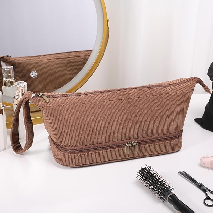 Hair Tools Travel Case - Double-Layer Organizer for Hair Dryer Curling Iron &amp Attachments - Brown Corduroy with Zipper Closure &amp Top Handle