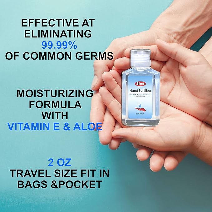 SIPA Hand Sanitizer Travel Size 2oz/ 60 ml Flip Cap Bottle Bulk Travel Size Soothing Gel with Aloe and Vitamin E (Pack of 16)