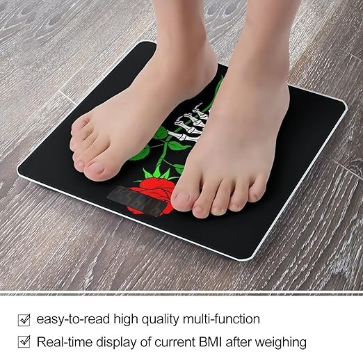 Energy Saving Scale Bathroom Weighing Scale Smart Scale for Body Weight Digital Black Goth Skull Skeleton Hand Holding Red Rose