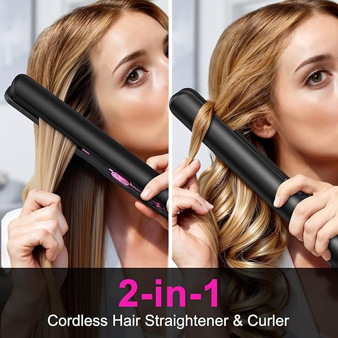 2-in-1 Cordless Flat Iron Hair Straightener &amp Curlerr Rechargeable Cordless Hair Straightener with 9600mAh Battery LCD Display Negative Ion Tech 6 Adjustable Temps Heat-up in Seconds for Home