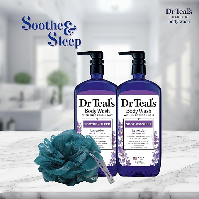 Dr Teal Lavender Body Wash 24oz 2-Pack with Premium Sponge - Relaxing and Hydrating Bath Essentials