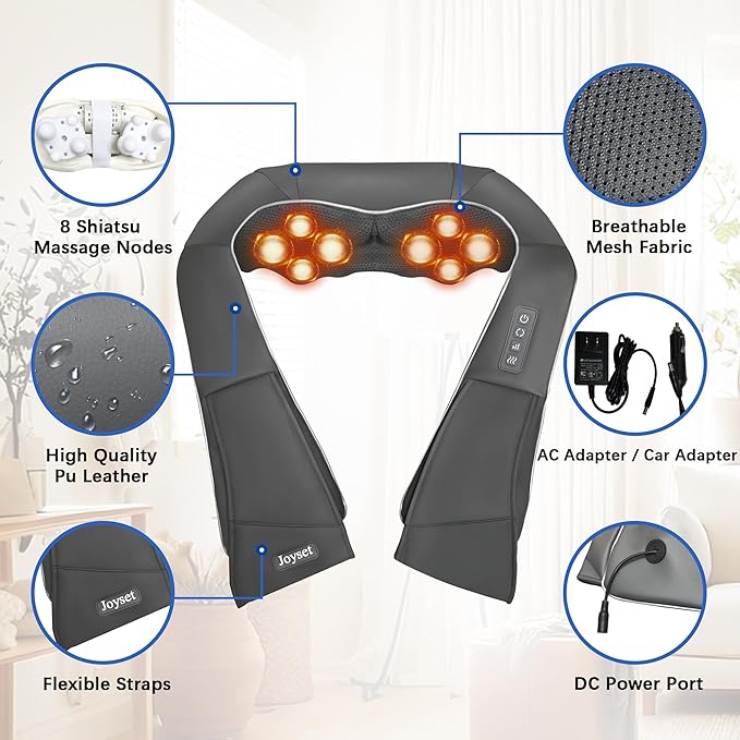 Joyset Shiatsu Neck and Back Massager with HeatElectric Shoulder Massager for Pain Relief Deep Tissue3D Kneading Massage with Cloth Cover Easy to Clean Best Gift for Men Women Parents (Gray)