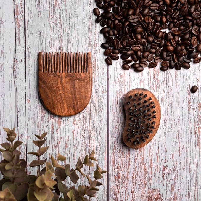 Beard Brush and Beard Comb Grooming Kit for Men Nylon Bristles Brush with Wooden Styling Comb Includes Carry Pouch