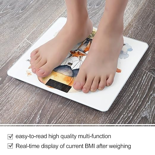 Fox and Hot Air Balloon Digital Bathroom Scale for Body Weight with High Precision Digital Weighing Scale with BMI Clear LCD Display and Step-On Measures Weight Up to 180kg