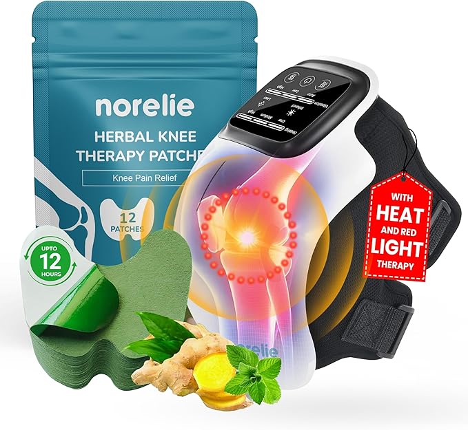 Norelie KneeRelief Massager + Herbal Knee Patches Bundle – 3-in-1 Device with Red Light Vibration &amp Heat Therapy + 12 Herbal Patches for Daily Knee Wellness