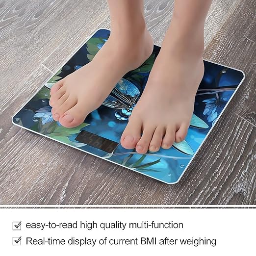 Art Blue Dragonfly Scale for Body Weight Safe Rounded Corners Tempered Glass Digital Bathroom Scale LED Display 400lb Capacity Weight Scales with High Precision Sensors