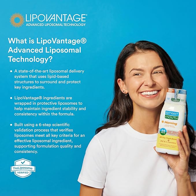 SmartMouth Advanced Liposomal Morning Mouthwash - All-Day Fresh Breath - Vitamin B12 &amp L-Carnitine - Dual-Solution Zinc-Activated Morning Mouthwash - Invigorating Mint Flavor - 16 fl oz Each 2-Pa