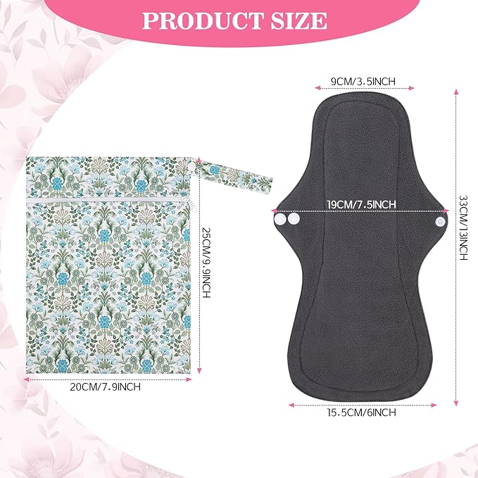 PHOGARY 7 Pack Reusable Menstrual Pads Large Sanitary Pads Set for Heavy Flow with 1 Wet Bag Washable Overnight Cloth Panty Liners with Wings for Women 33cm