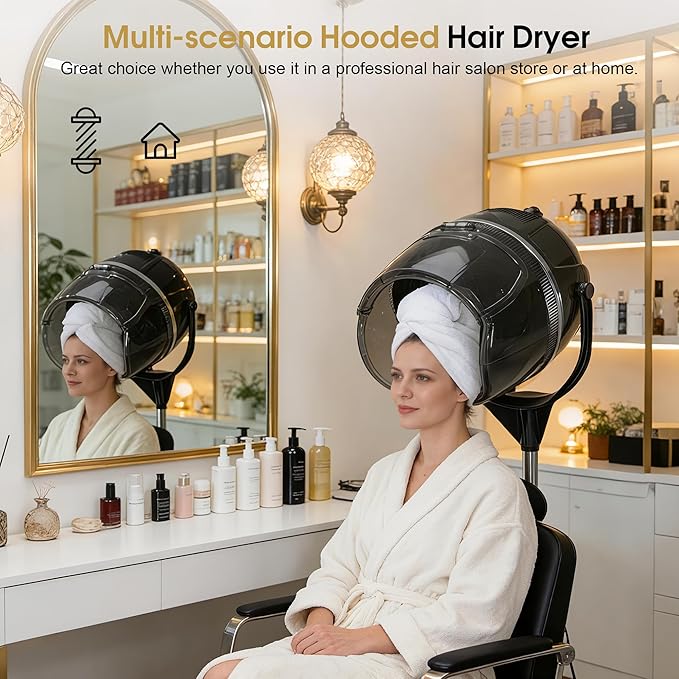BarberPub 1300W Hooded Hair Bonnet Dryer with Stand Height Adjustable Floor Standing Rolling Base Beauty Salon Equipment with 360° Rotation VHD08
