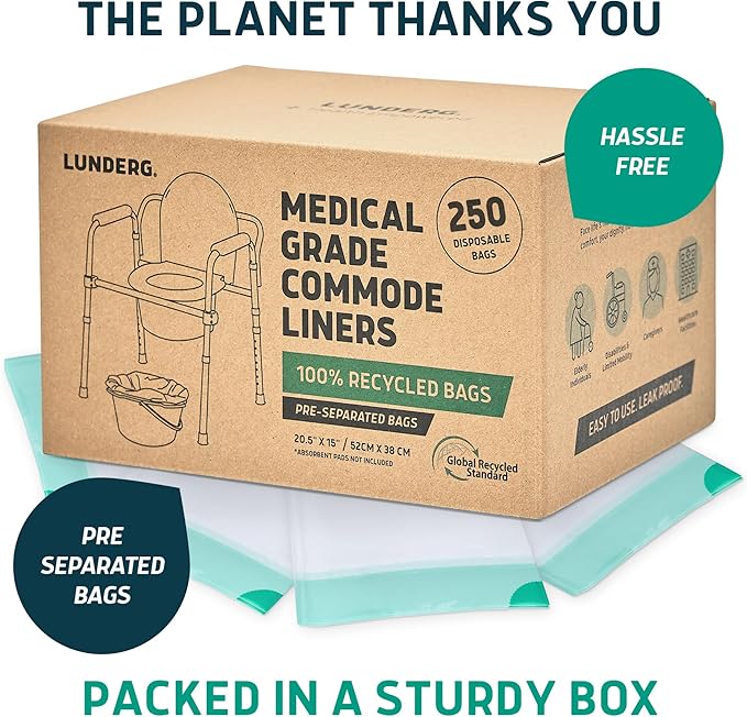 Lunderg Recycled Commode Liners - 250 Environment Friendly Portable Toilet Bags - Medical Grade Bedside Commode Liners Disposable - Universal Fit &amp Easy to Use - Absorbent Pads NOT included