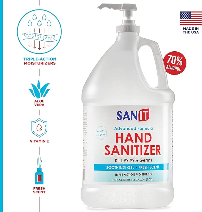 Sanit Moisturizing Hand Sanitizer Gel 70% Alcohol - Kills 99.99% Germs Advanced Formula with Vitamin E and Aloe Vera - Soothing Gel Fresh Scent Made in USA - 1 Gallon with Pump &amp 2oz Refill Bot