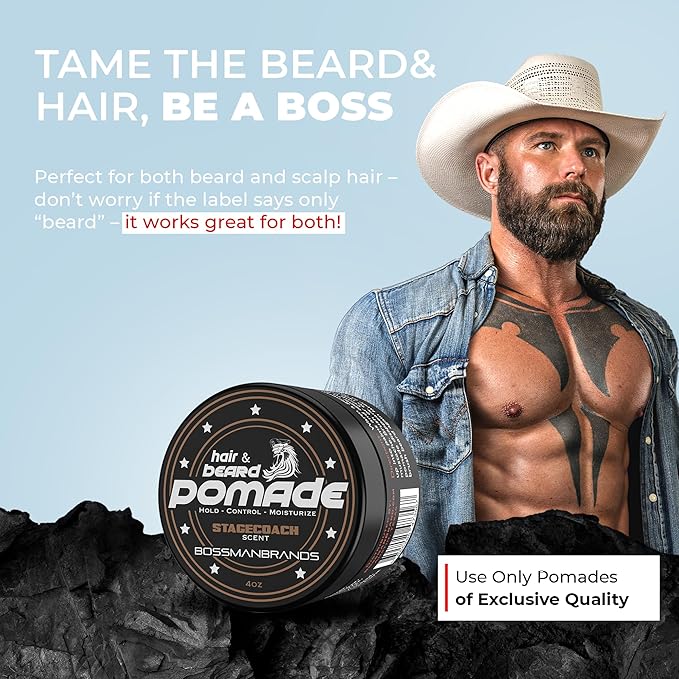 Bossman Hair &amp Beard Pomade for Men (Stagecoach Scent) – Medium Hold &amp Moisturizing for Hair Beard &amp Mustache Styling – Made in USA