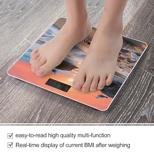 Sea Beach Sunset Scale for Body Weight Sturdy Tempered Glass Weighing Scales with LCD Display Accurate Digital Bathroom Scale Convenient Body Fat Smart Scales Easy Read
