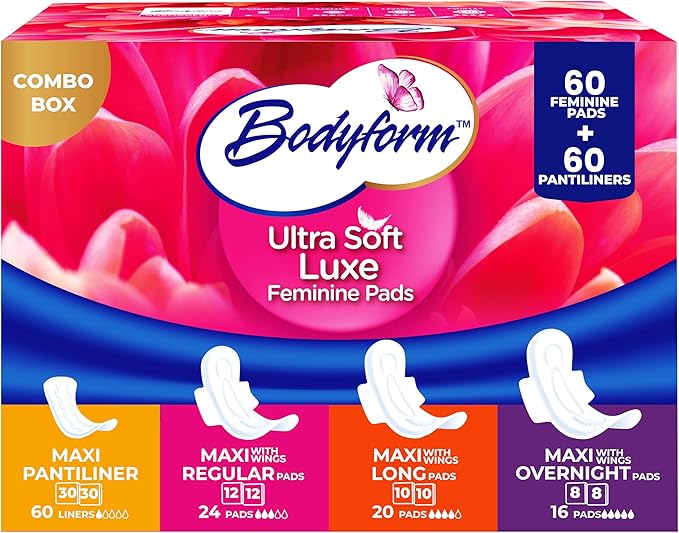 Bodyform Luxe Feminine Care Value Combo Pack 120 Count (60 Ultra-Soft Pads + 60 Gentle Pantyliners) Variety Pack Cushion-Soft &amp Ultra-Absorbent Daily Freshness &amp Protection