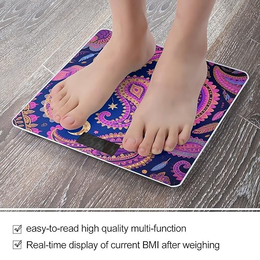 Bohemian Paisley Printed Bathroom Scale for Body Weight Bathroom Digital Electronic Weighing Scale with Back Lit LED Display Sturdy Tempered Glass Weight Watchers Scales 400lb
