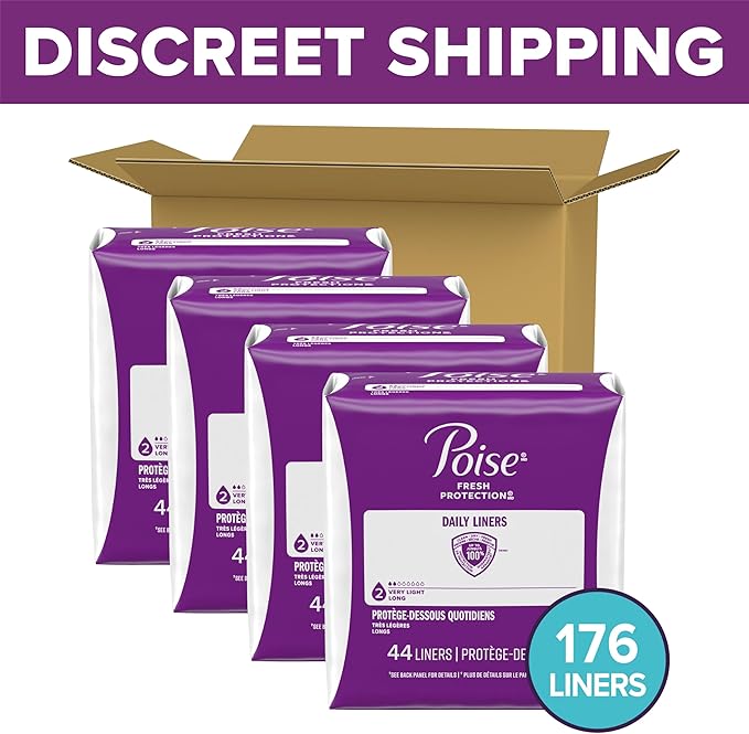 Poise Daily Liners Incontinence Panty Liners for Bladder Leaks 2 Drop Very Light Absorbency Long Length 176 Count of Pantiliners (4 Packs of 44) Packaging May Vary