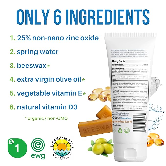 Waxhead Zinc Sunscreen for Face Mineral Sunscreen Kids Sunblock Reef Safe Non-Nano for Body