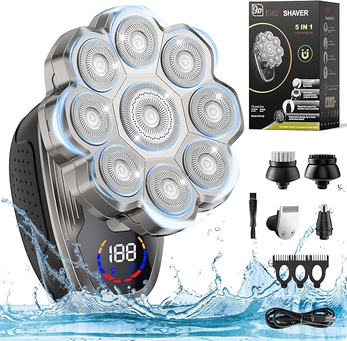 Head Shaver 9D Head Shavers for Bald MenElectric Razor IPX7 Waterproof for Men Skull Wet/Dry LED Display Rechargeable 360° Rotary Shaver Grooming Kit for Close Shaving with Type-C Charge