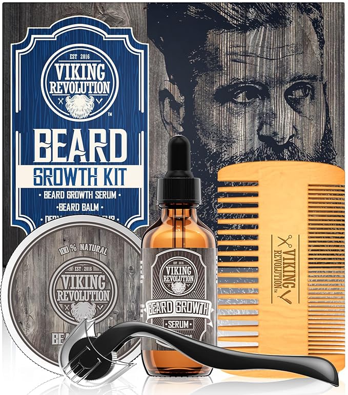 Beard Growth Kit - Oil Balm Serum Derma Roller &amp Wooden Comb for Beard &amp Mustache Growth