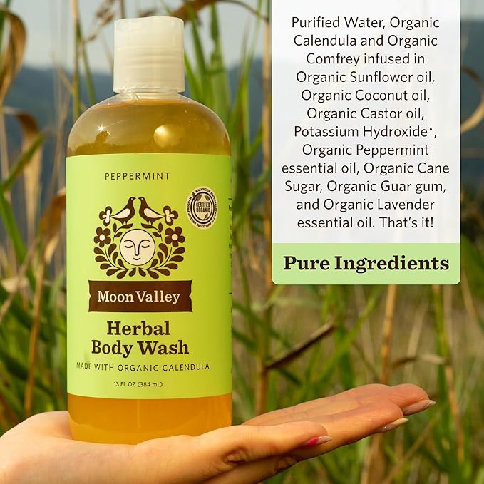 Herbal Body Wash Peppermint by Moon Valley All Natural Ingredients No Parabens Vegan Moisturizing Essential Oils Two Pack