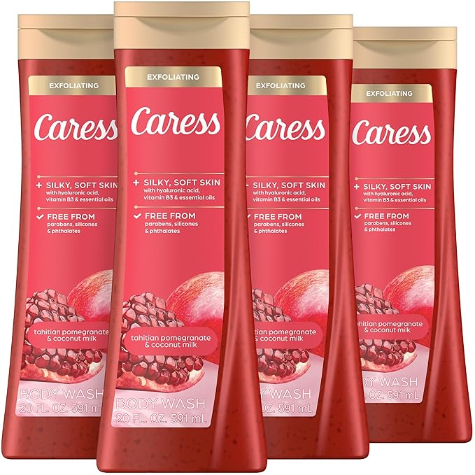 Caress Tahitian Pomegranate &amp Coconut Milk Exfoliating Scrub Body Wash with Hyaluronic Acid &amp Vitamin B3 for Moisturized Silky Soft Skin Long-Lasting Fragrance 20 fl oz (4 Pack)