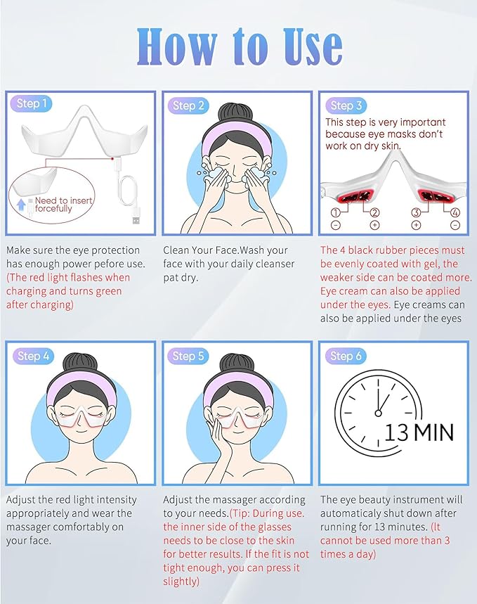 Women’s Under Eye Red Light Therapy Glasses 10 Minutes Per Day for Digital Eye Fatigue Eye Bags Dark Circles &amp Puffiness Ultra Lightweight Rechargeable Ergonomic Design