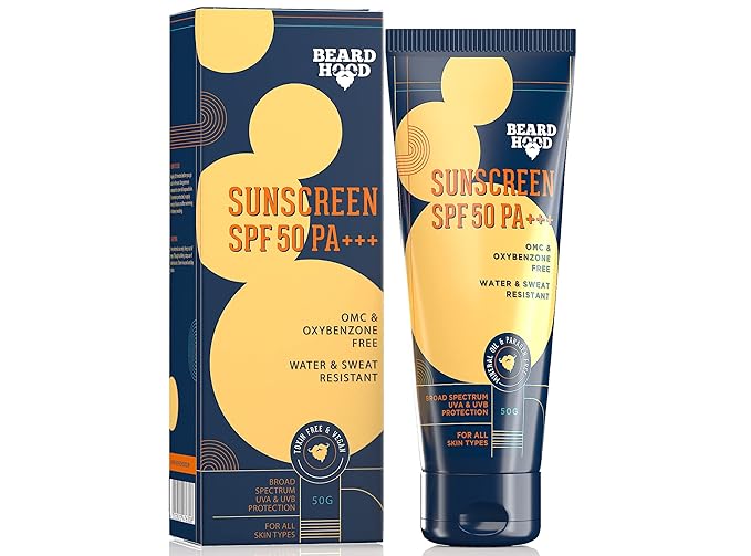 Beardhood SPF 50 PA+++ Sunscreen For Men | Non Greasy Water &amp Sweat Resistant | OMC &amp Oxybenzone Free | Suitable for all Skin Types 50g
