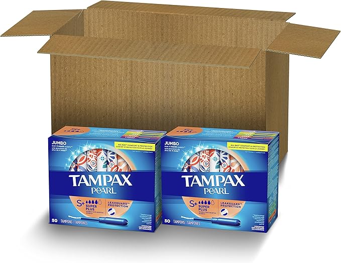 Tampax Pearl Tampons Super Plus Absorbency with Leakguard Braid Unscented 50 Count (Pack of 4) 100 Count Total