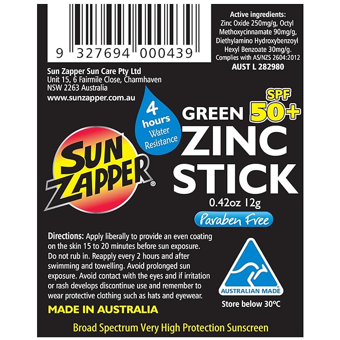 Sun Zapper Zinc Stick Mineral Sunscreen Green SPF 50+ Water Resistant for Face &amp Body Adults Kids 4-Pack Broad Spectrum Sun Block Made in Australia